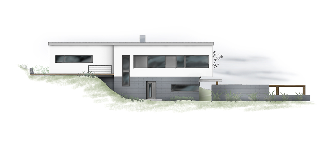 Künstlerisch kolorierte Architekturdarstellung eines Wohnhauses – individuelle, von Hand gezeichnete Illustration