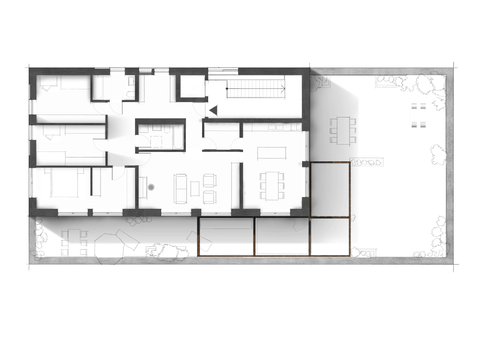 Grundriss zeichnen lassen - Einfamilienhaus mit Außenbereichen und Möblierung