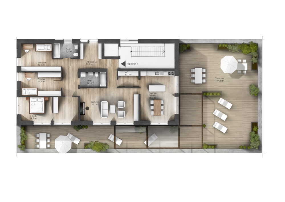 Farbiger Grundriss Wohnung mit Möblierung - individuelle Architektur-Illustration