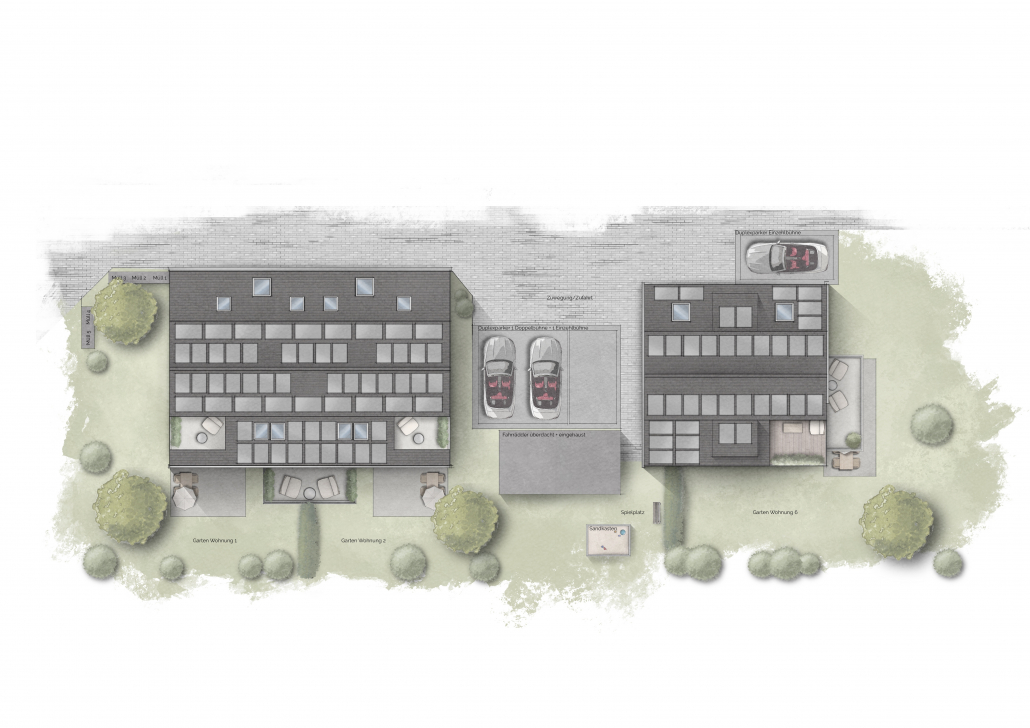 Kolorierte -Lagepläne Lageplan Draufsicht koloriert - Haus mit Stellplätzen und Bepflanzung
